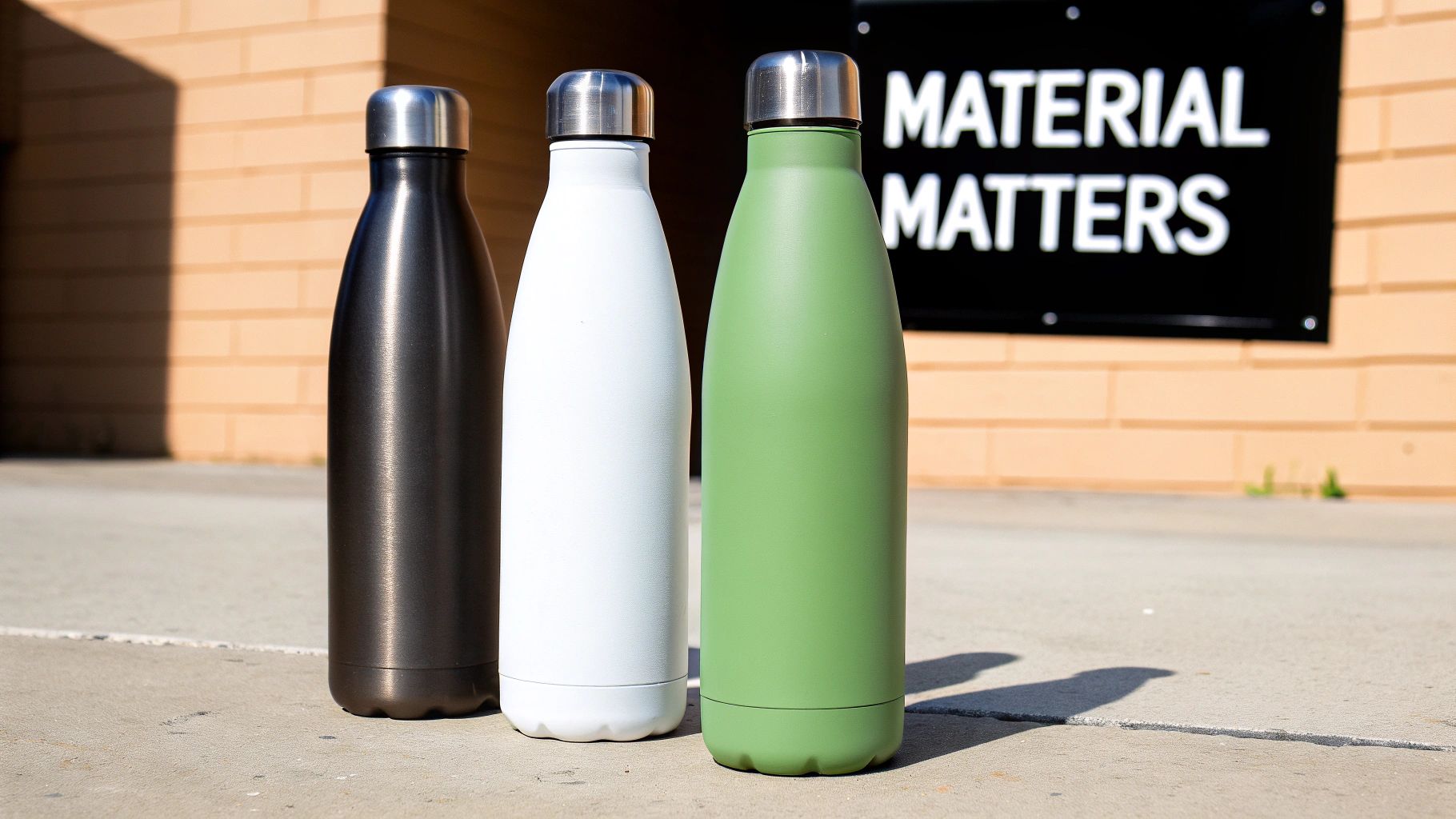Three insulated water bottles, black, white, and green, stand on concrete near a "MATERIAL MATTERS" sign.