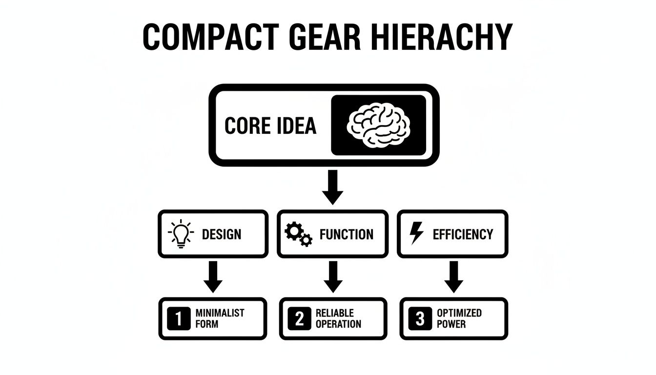A flowchart illustrates the compact gear hierarchy, focusing on design, function, and efficiency.