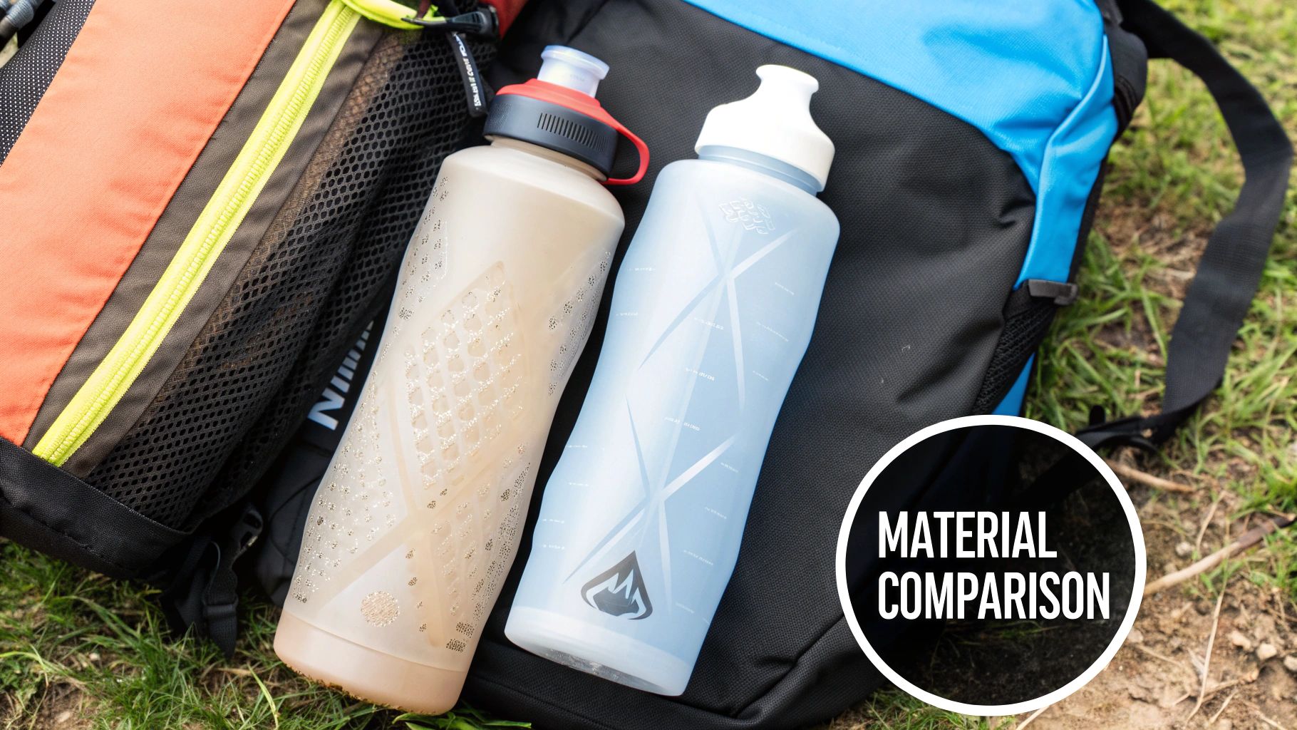 A person filling up a lightweight backpacking water bottle in a clear mountain stream.