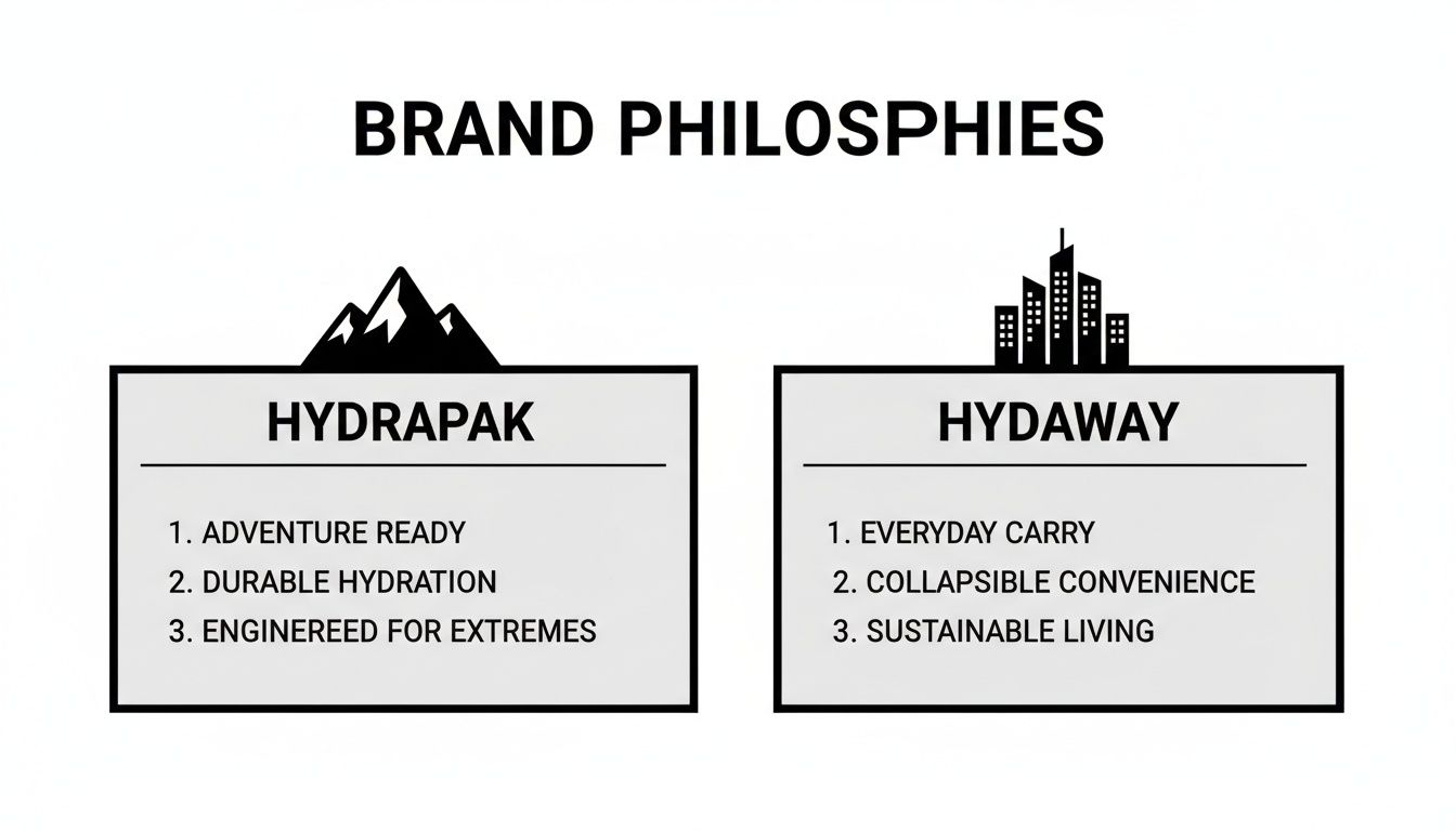 Two brand philosophies: Hydrapak for adventure hydration and Hydaway for everyday collapsible convenience.