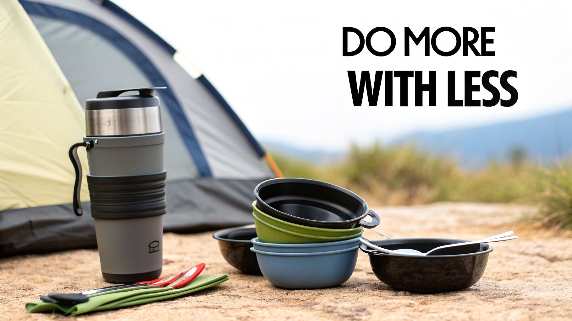 Camping thermos, stackable bowls, and utensils on rocky ground outside a tent in a natural setting.