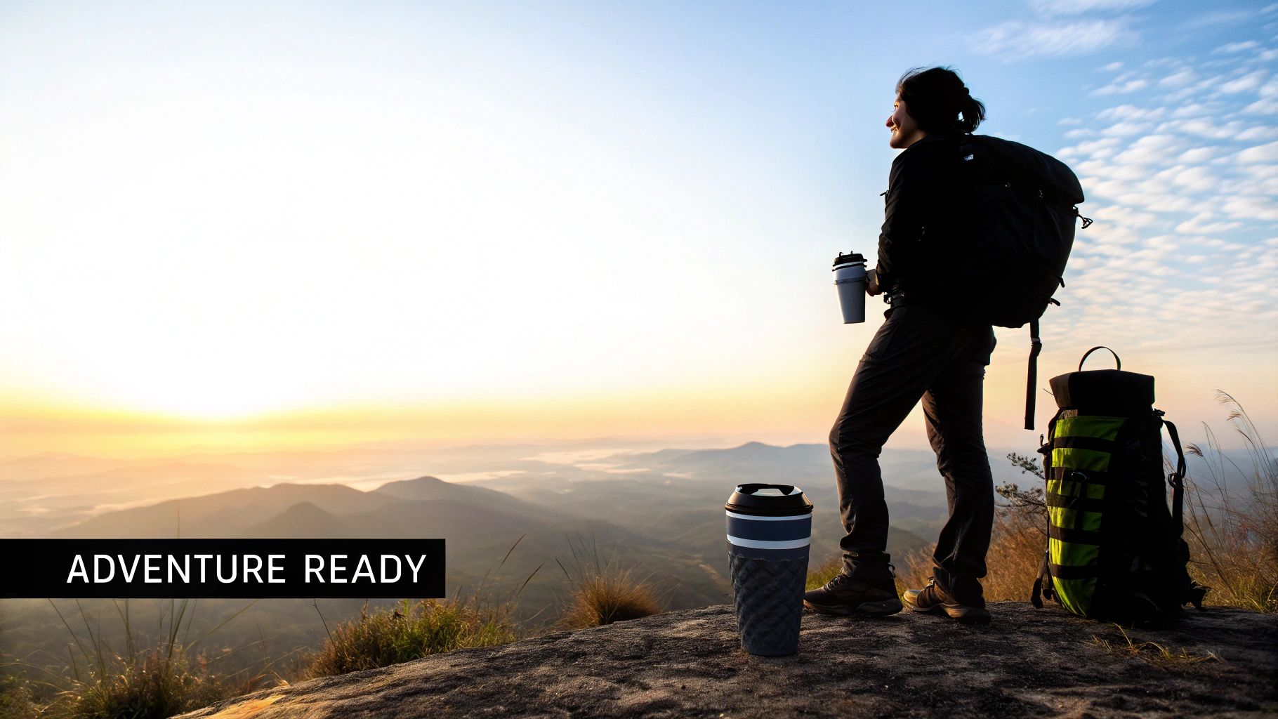 Hiker with backpack and two collapsible coffee cups enjoying sunrise mountain view.
