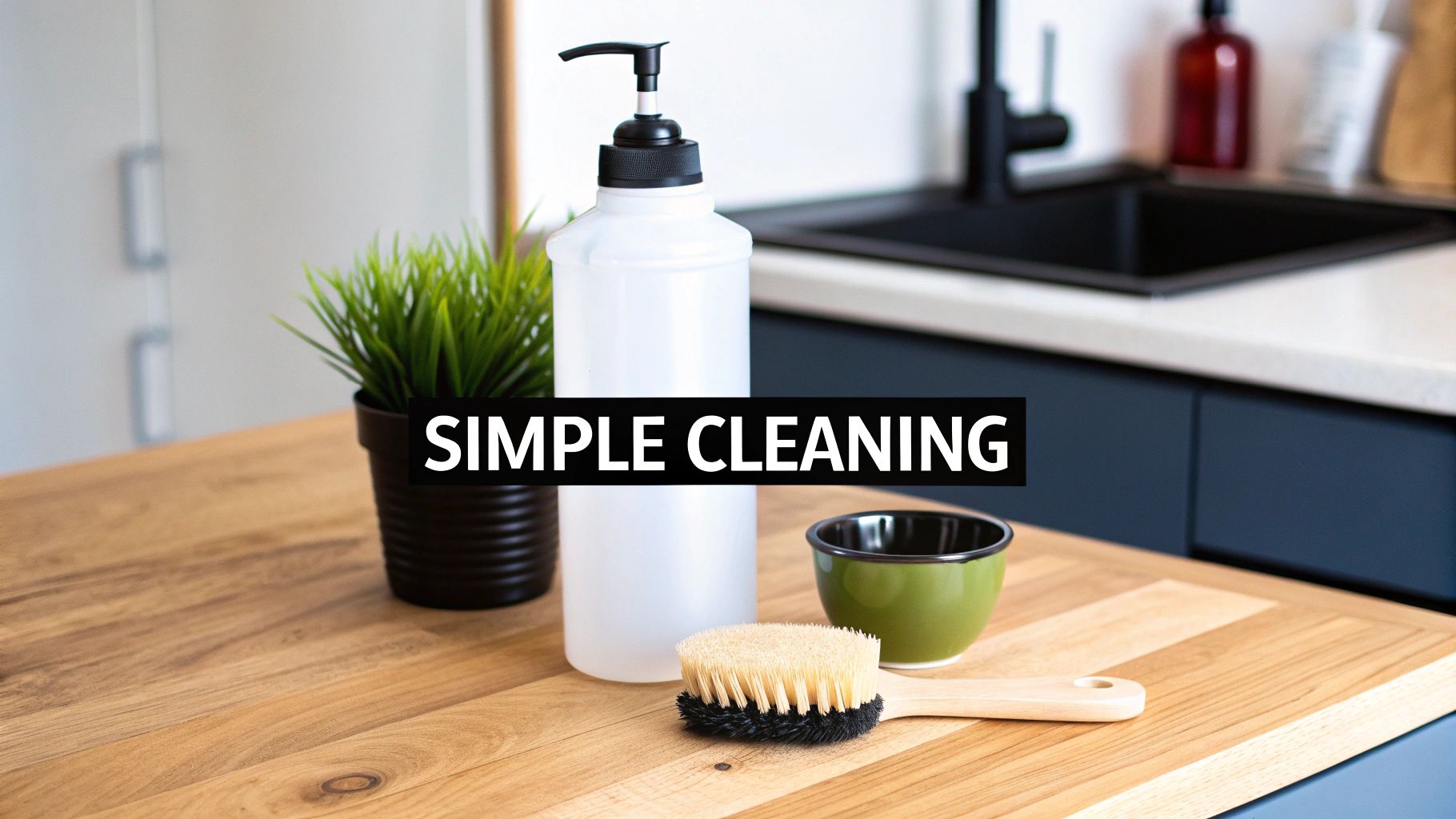 A kitchen counter features cleaning supplies: a white soap dispenser, a brush, a plant, and a bowl, with 'SIMPLE CLEANING' text.