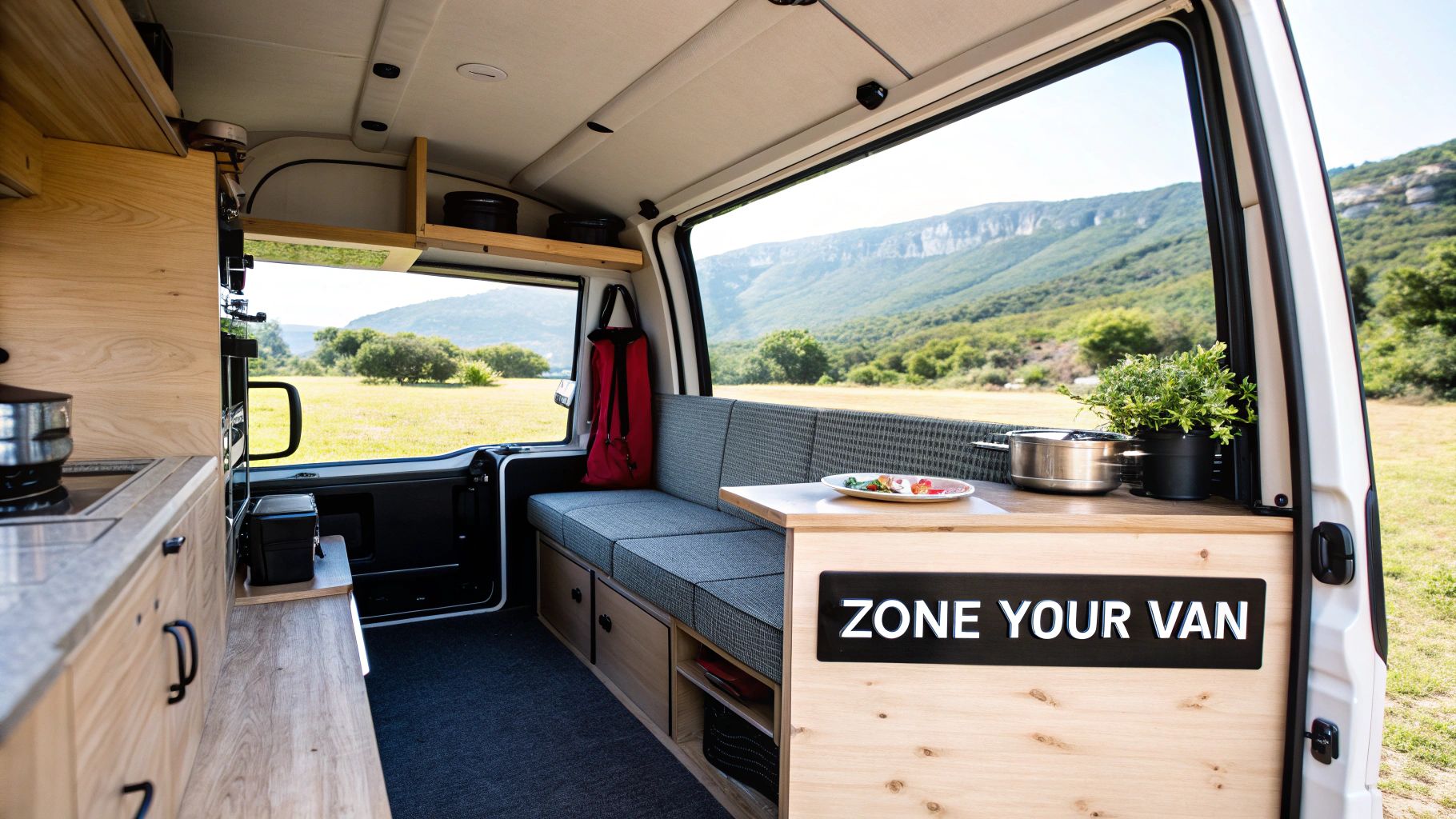A well-organized campervan interior showing clever storage solutions.