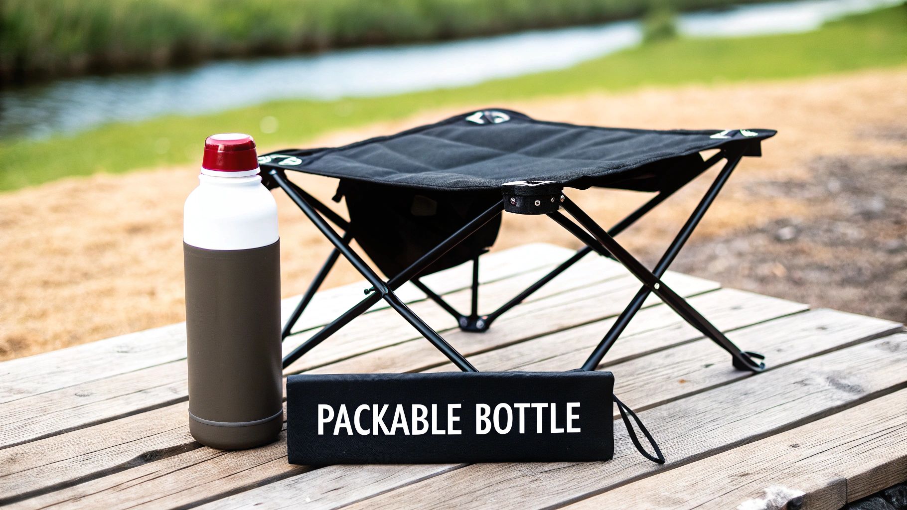 A person holding a HYDAWAY collapsible water bottle in a forest setting.