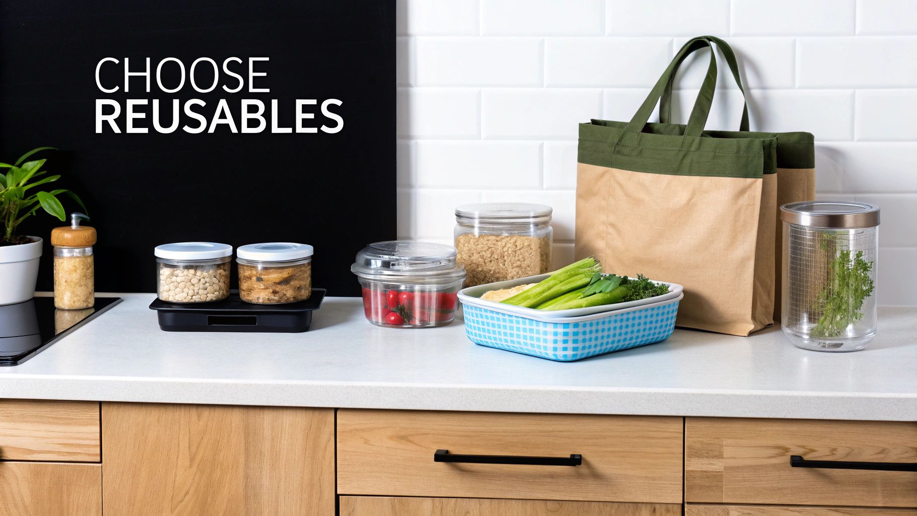 A person pouring grains into a reusable glass jar in a bright, modern kitchen.