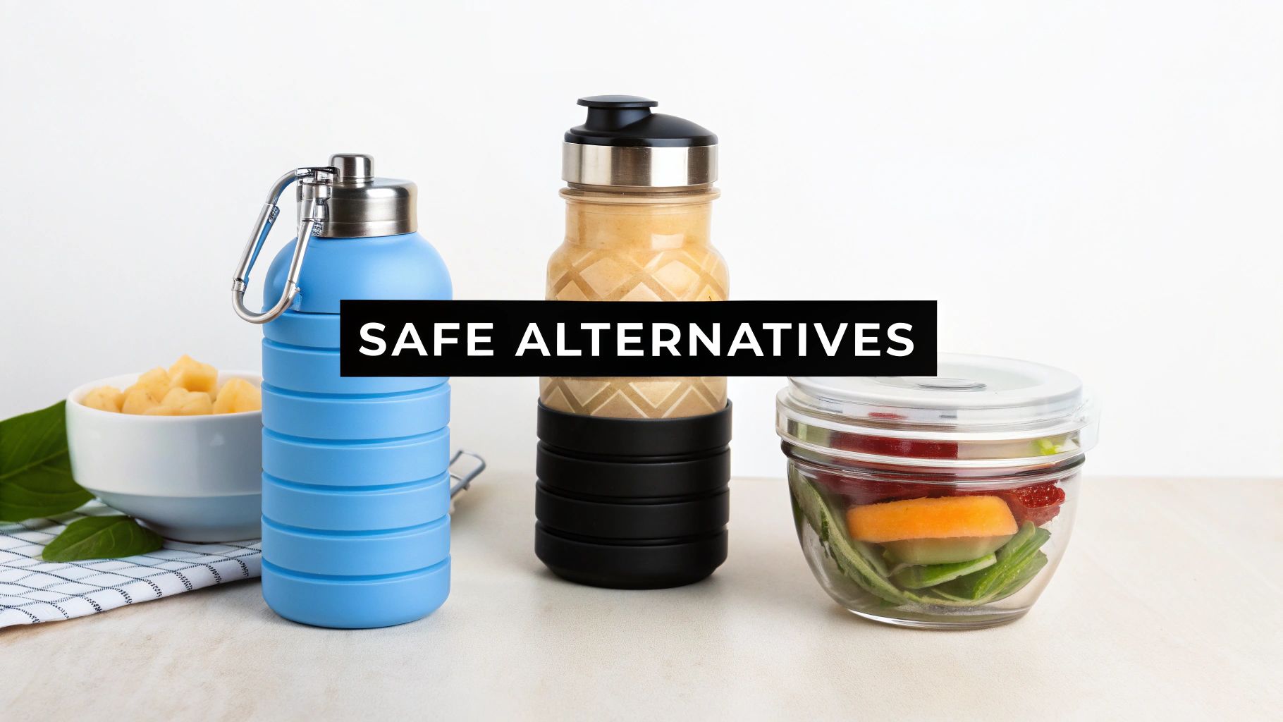A collection of colorful, BPA-free HYDAWAY products including collapsible bottles and containers, arranged neatly for travel.