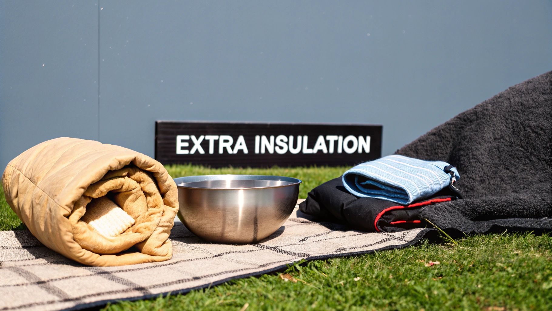 A rolled blanket, metal bowl, and stacked towels on a mat, with an 'EXTRA INSULATION' sign.