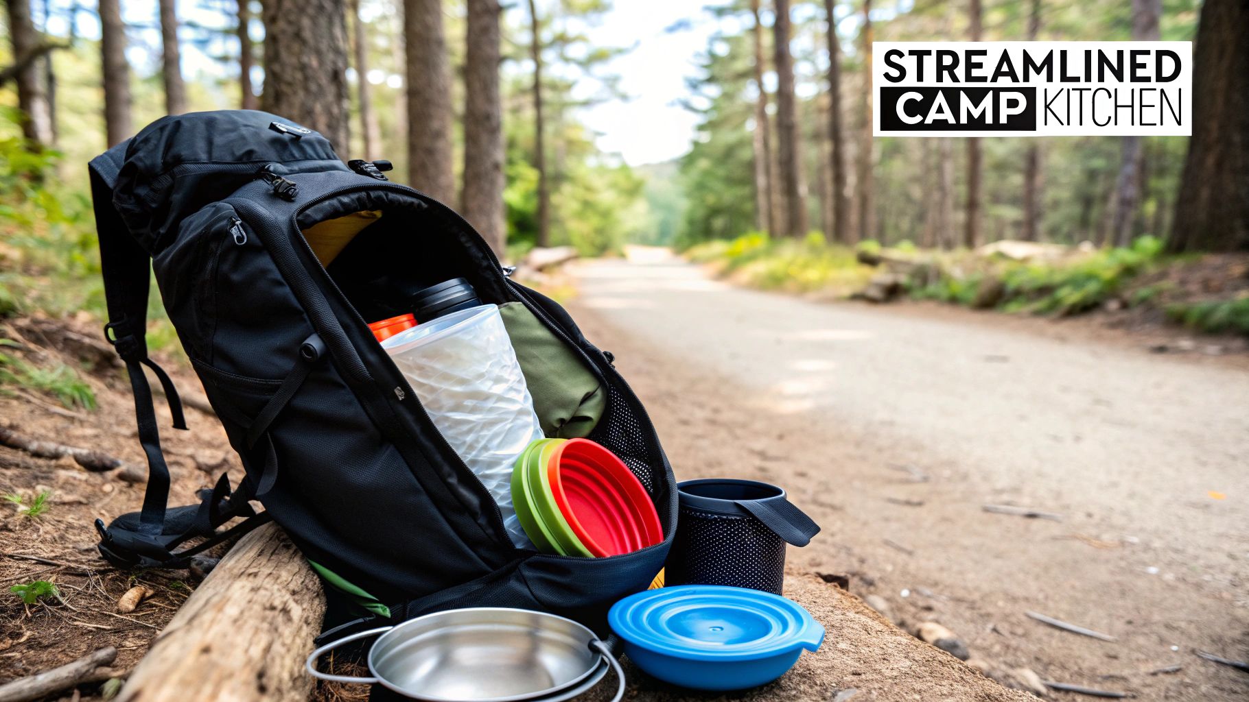 A person holding a collapsible camping bowl filled with food in a scenic outdoor setting.