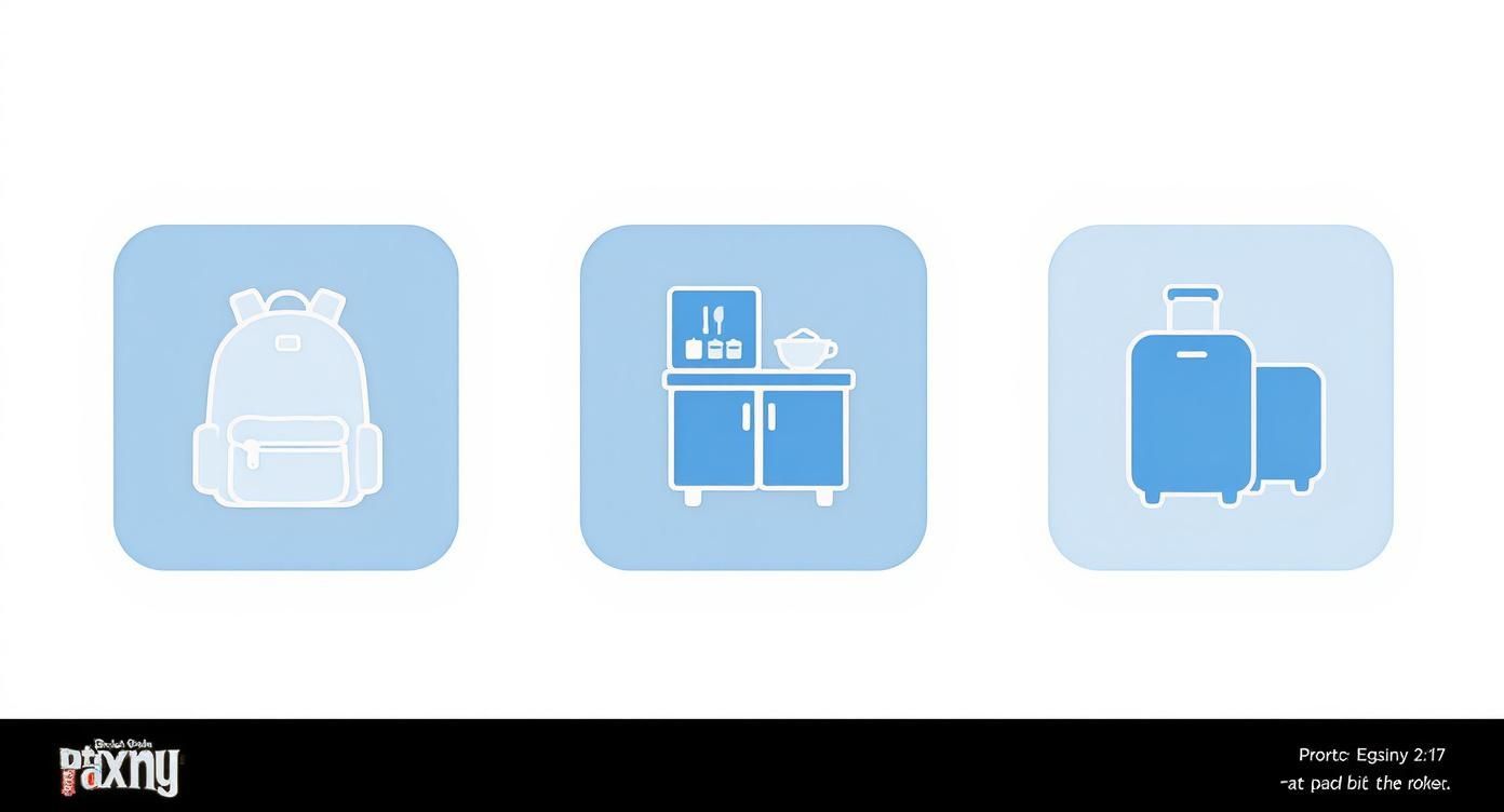 Three icons on light blue squares: a backpack, a kitchen cabinet, and two suitcases.