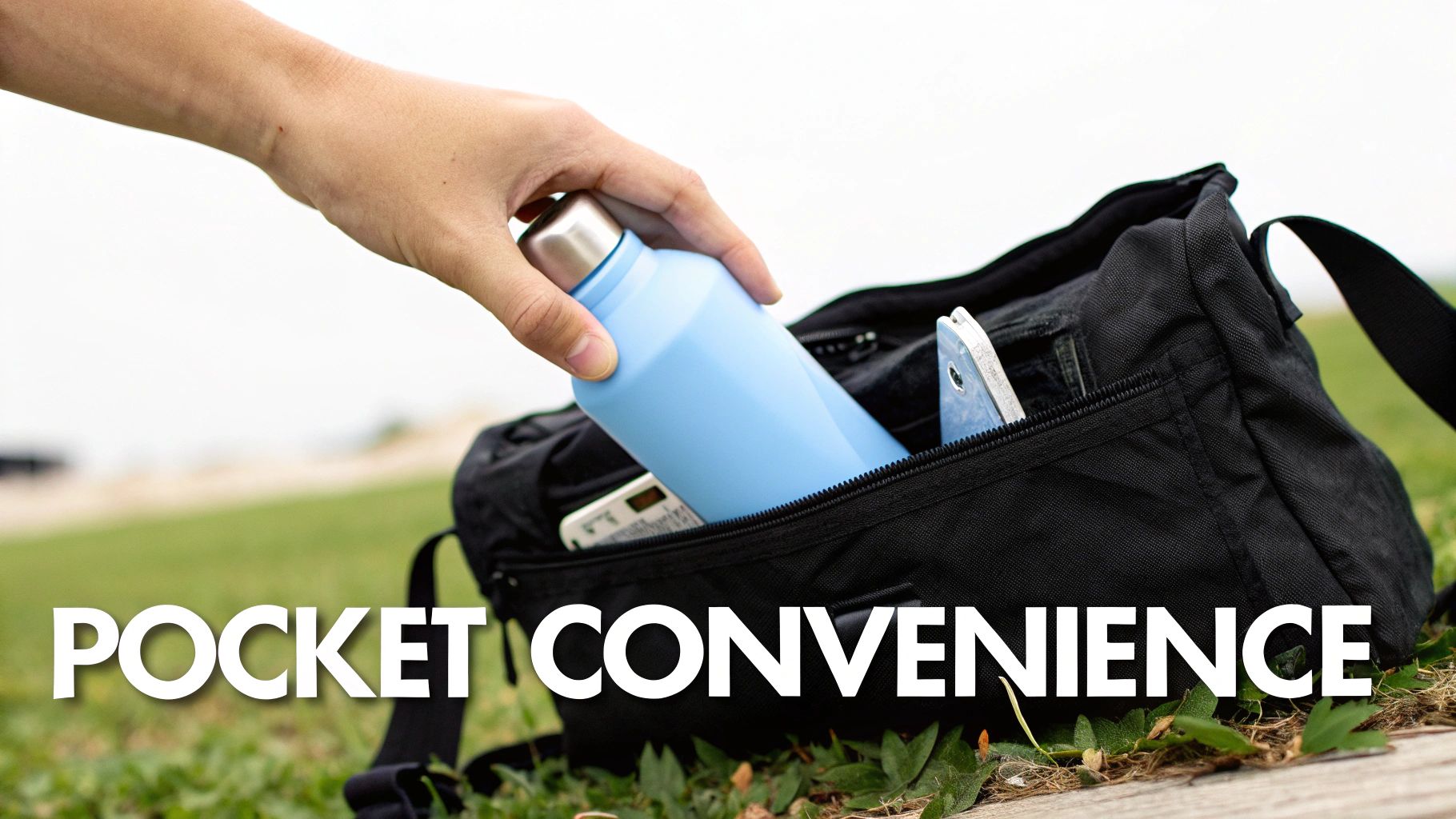 A person holding a collapsed HYDAWAY water bottle in their hand.