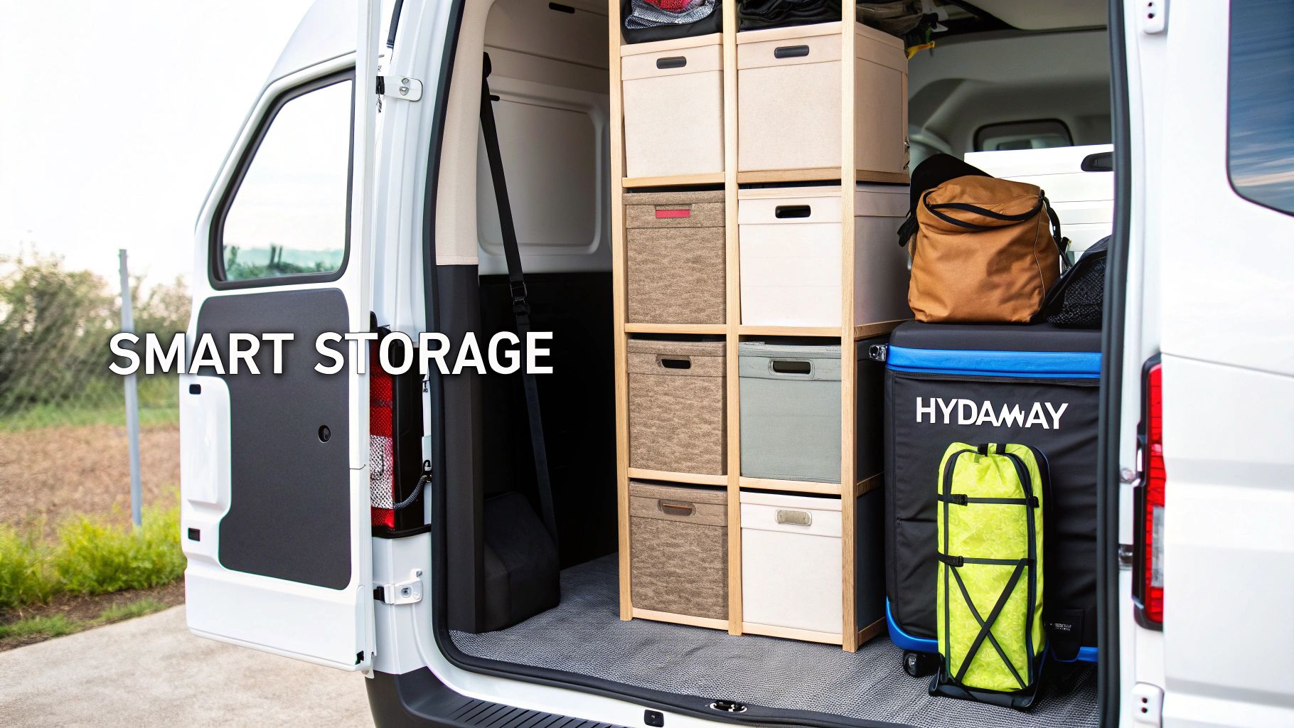 Rear view of a white camper van with open doors, revealing organized modular storage shelves and camping gear.