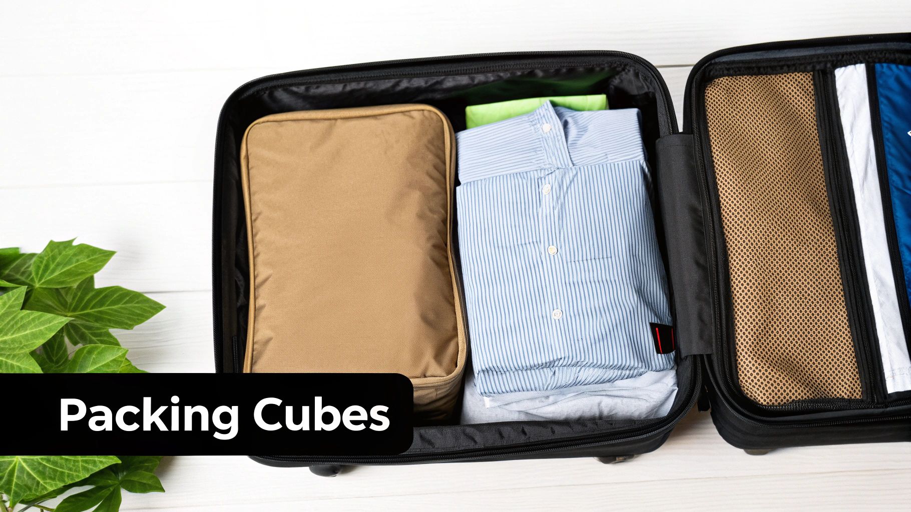 An open black suitcase with a tan packing cube and a folded blue striped shirt inside, showing organized travel essentials.