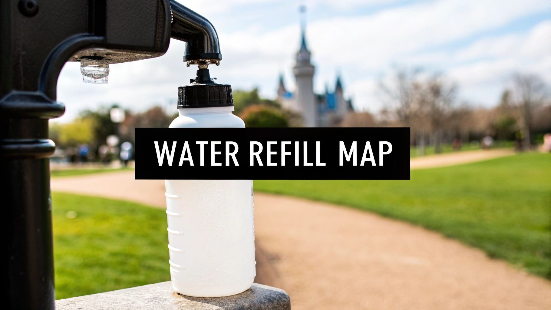 A white water bottle at a refill station with Cinderella Castle in the background, promoting a water refill map.