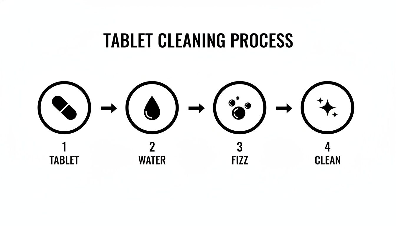 A diagram illustrating a four-step tablet cleaning process with icons for tablet, water, fizz, and clean.