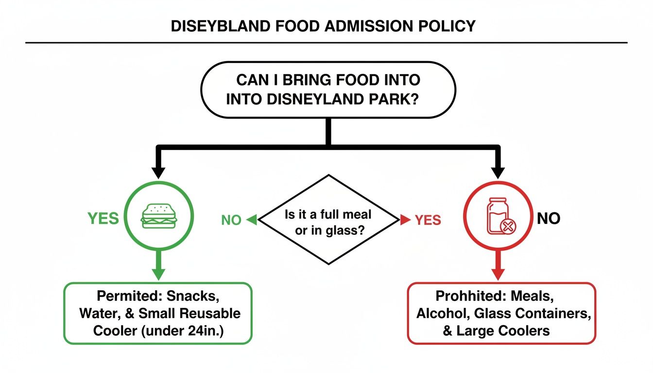 A flowchart outlines Disney theme park food and drink policies for park entry.
