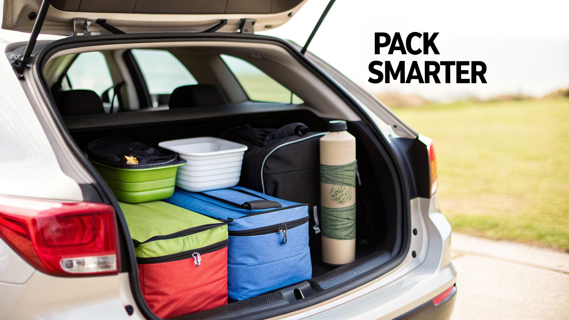 Open car trunk packed with travel essentials like cooler bags and a water bottle, with 'Pack Smarter' text.