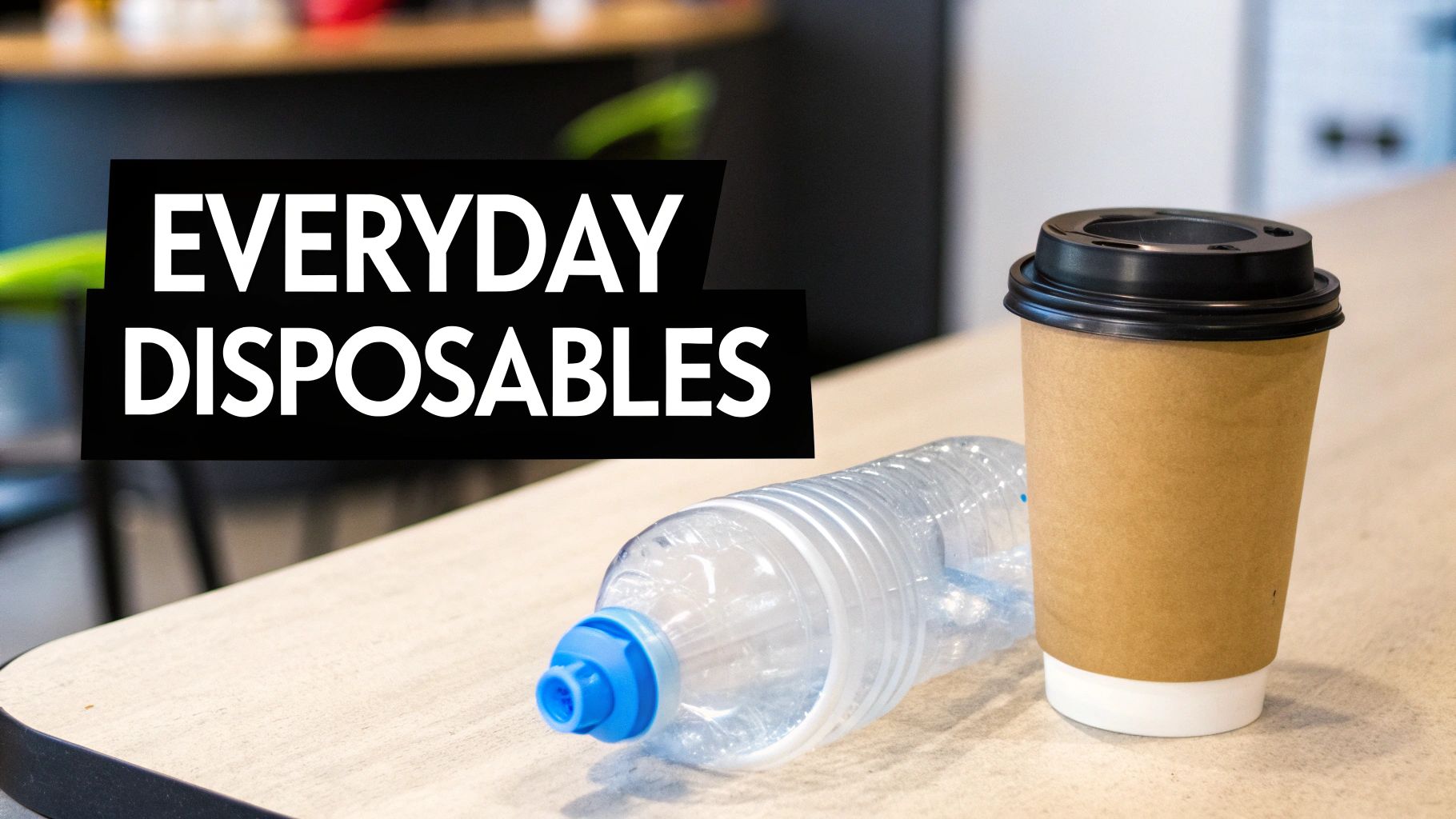 A reusable water bottle next to a single-use plastic bottle and a coffee cup, symbolizing the switch to sustainable alternatives.