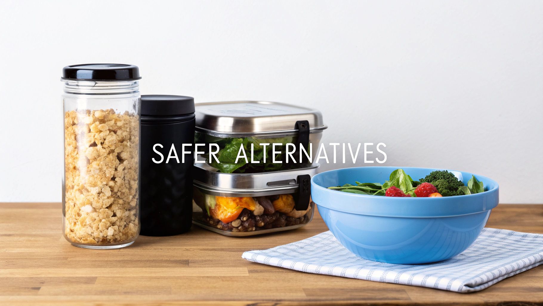 Various reusable food storage containers and a fresh salad bowl with text 'SAFER ALTERNATIVES'.