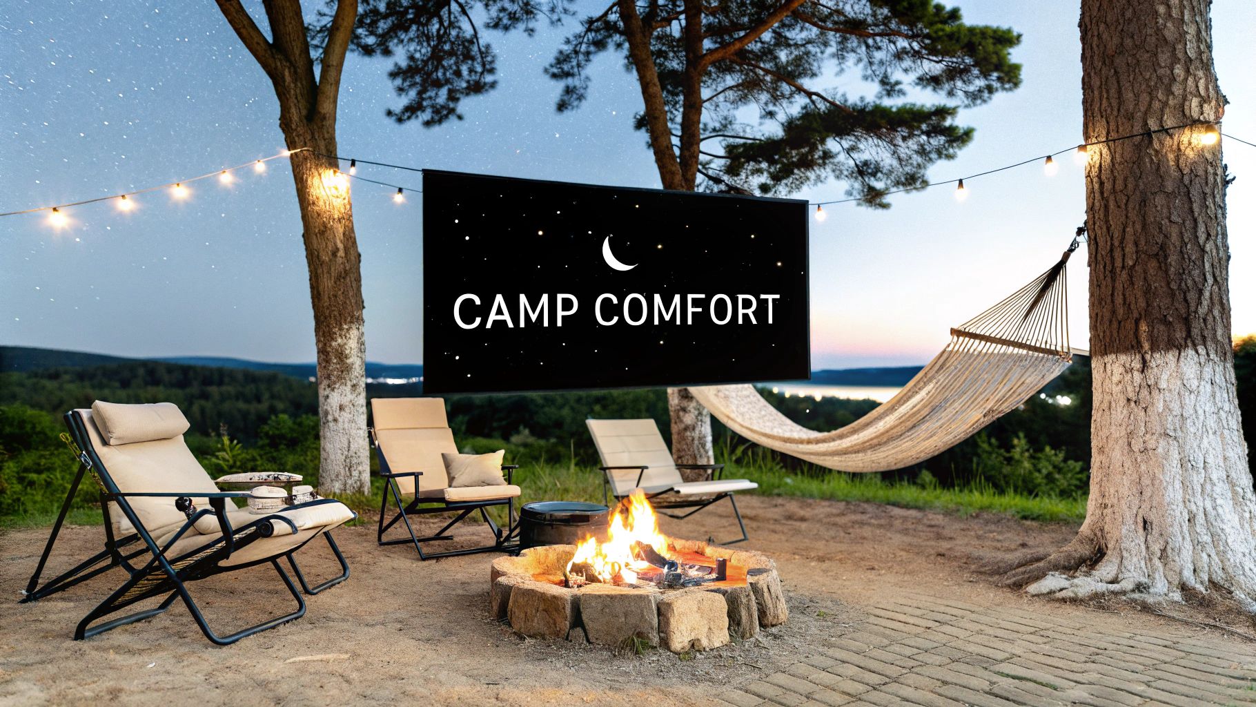 A family enjoys time together around a well-lit and comfortable campsite in the evening.