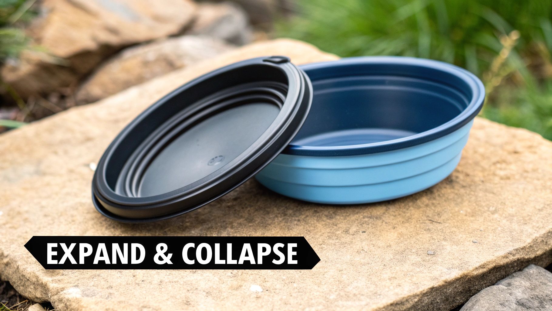 A person pouring food from a pan into a collapsible camping dish.