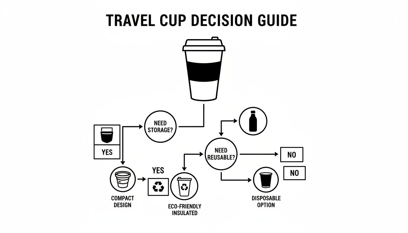A flowchart titled 'TRAVEL CUP DECISION GUIDE' illustrates choices for compact, reusable, and disposable travel cups.