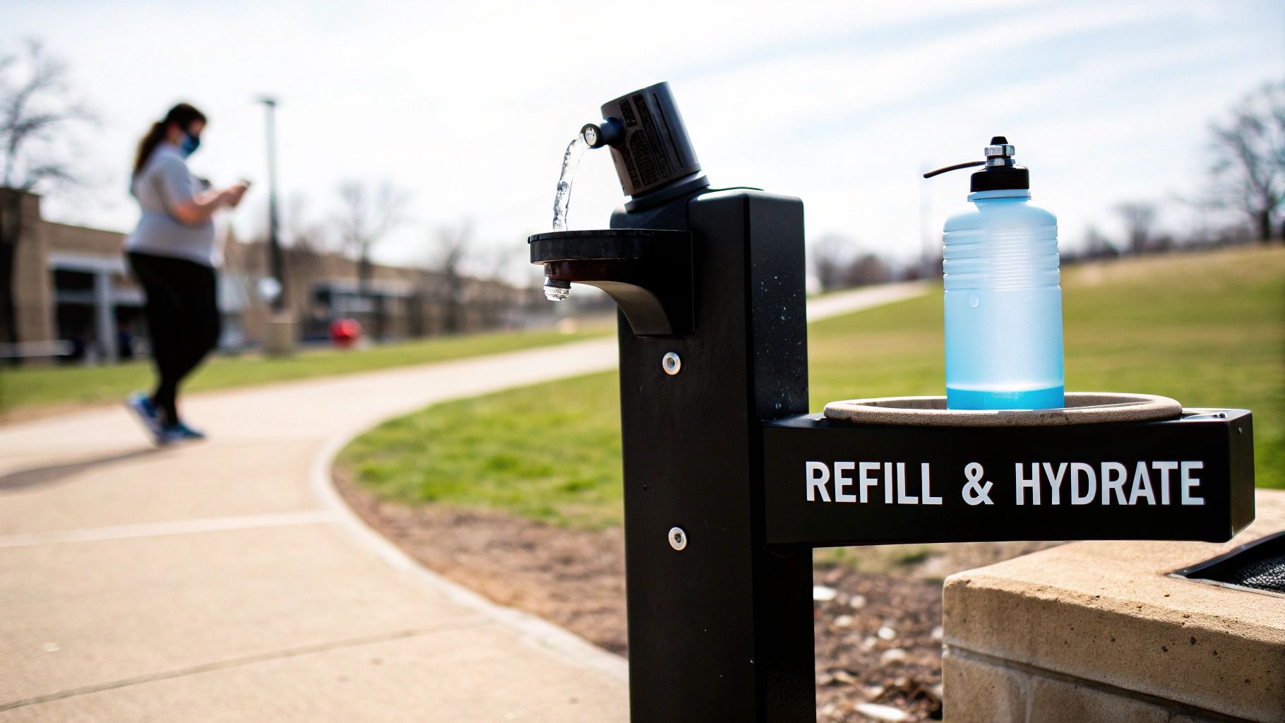 Public water refill station with hydration bottle at outdoor park for visitors