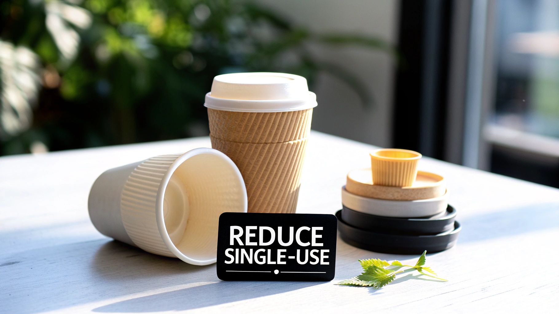 A 'Reduce Single-Use' sign with coffee cups and reusable items on a table, promoting sustainability.