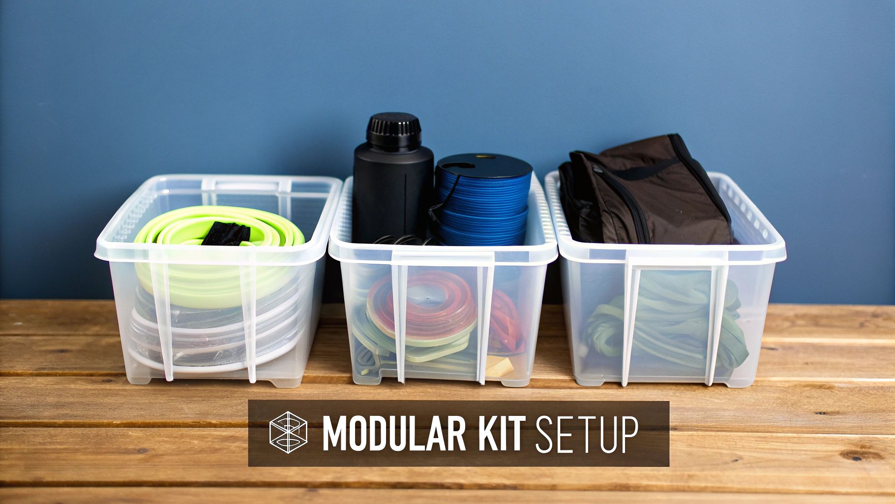 Three clear plastic bins filled with organized camping gear, including collapsible bowls and rope, on a wooden table.