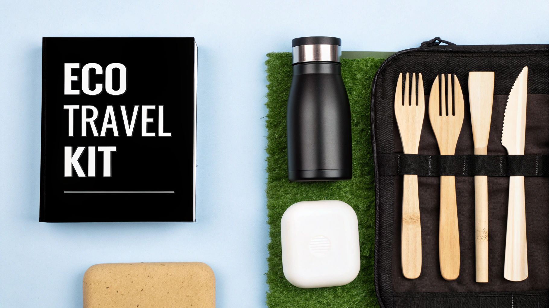 An overhead shot of an eco travel kit featuring bamboo utensils, a reusable bottle, and soap.