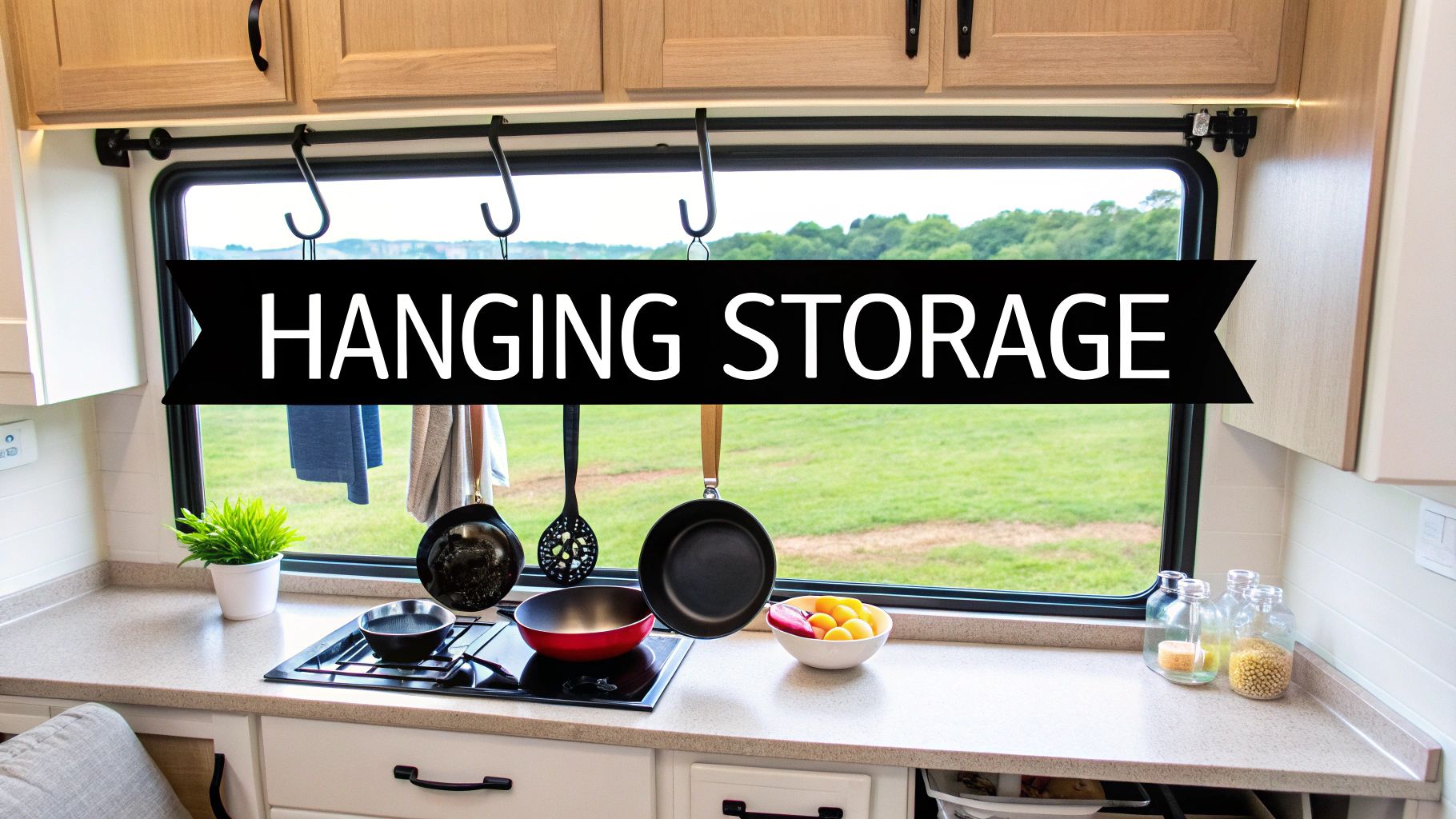 An RV kitchen with hanging storage for pots and utensils, featuring a stove and a view of a green field.