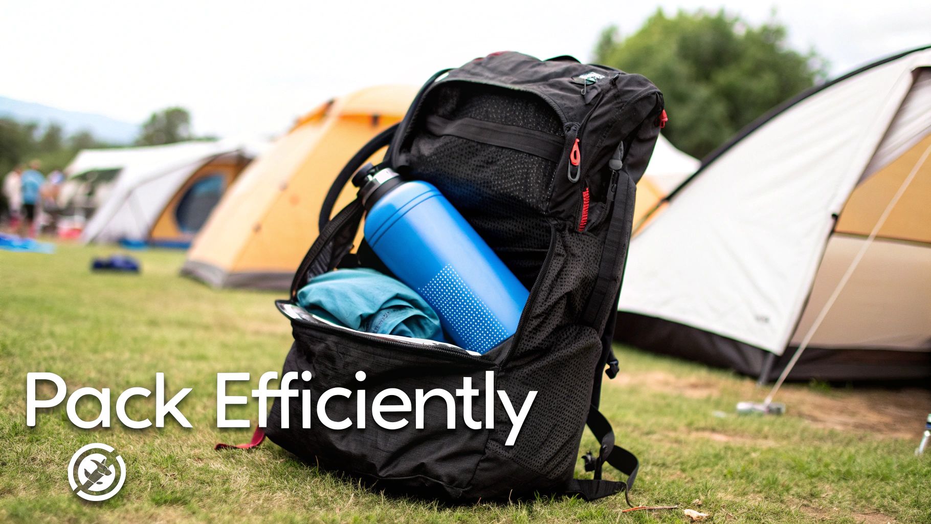 An open black backpack filled with a blue water bottle and clothes, sitting on grass at a campsite with tents.