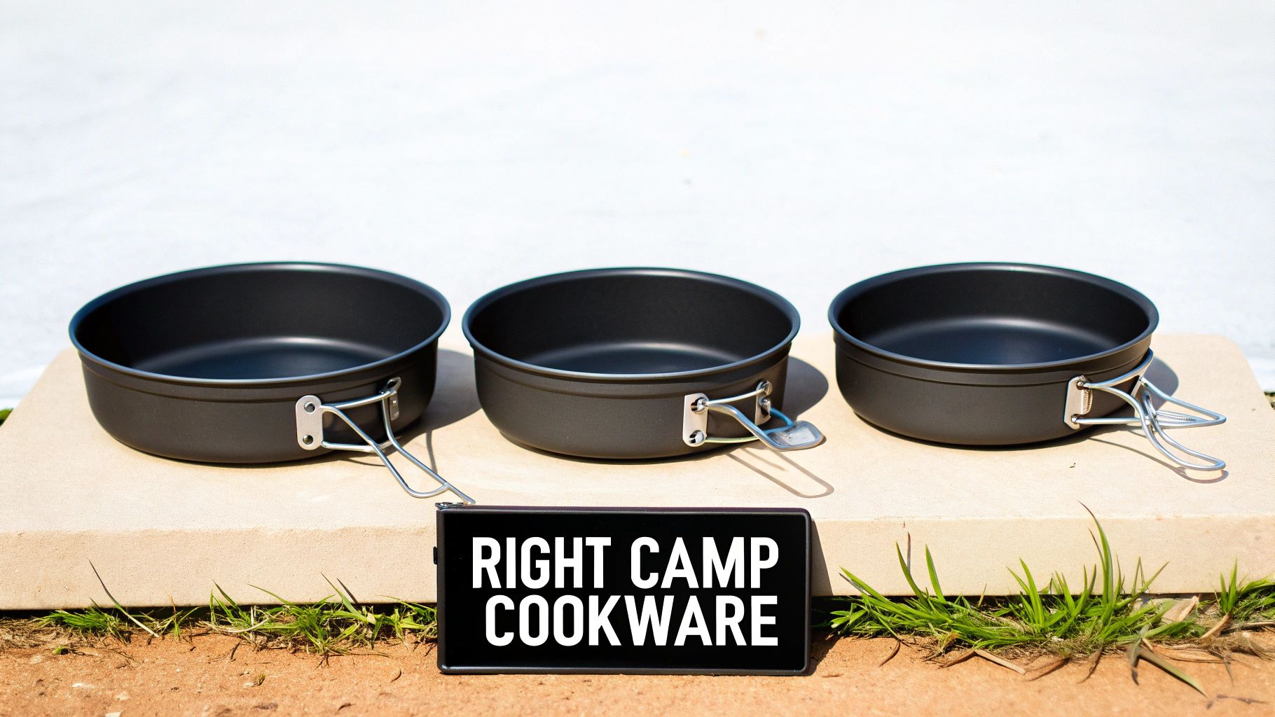 A person using collapsible camping pots and pans while cooking outdoors.