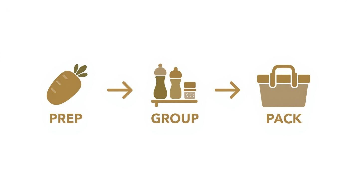 A three-step infographic showing food preparation: prep a carrot, group spices, and pack a basket.