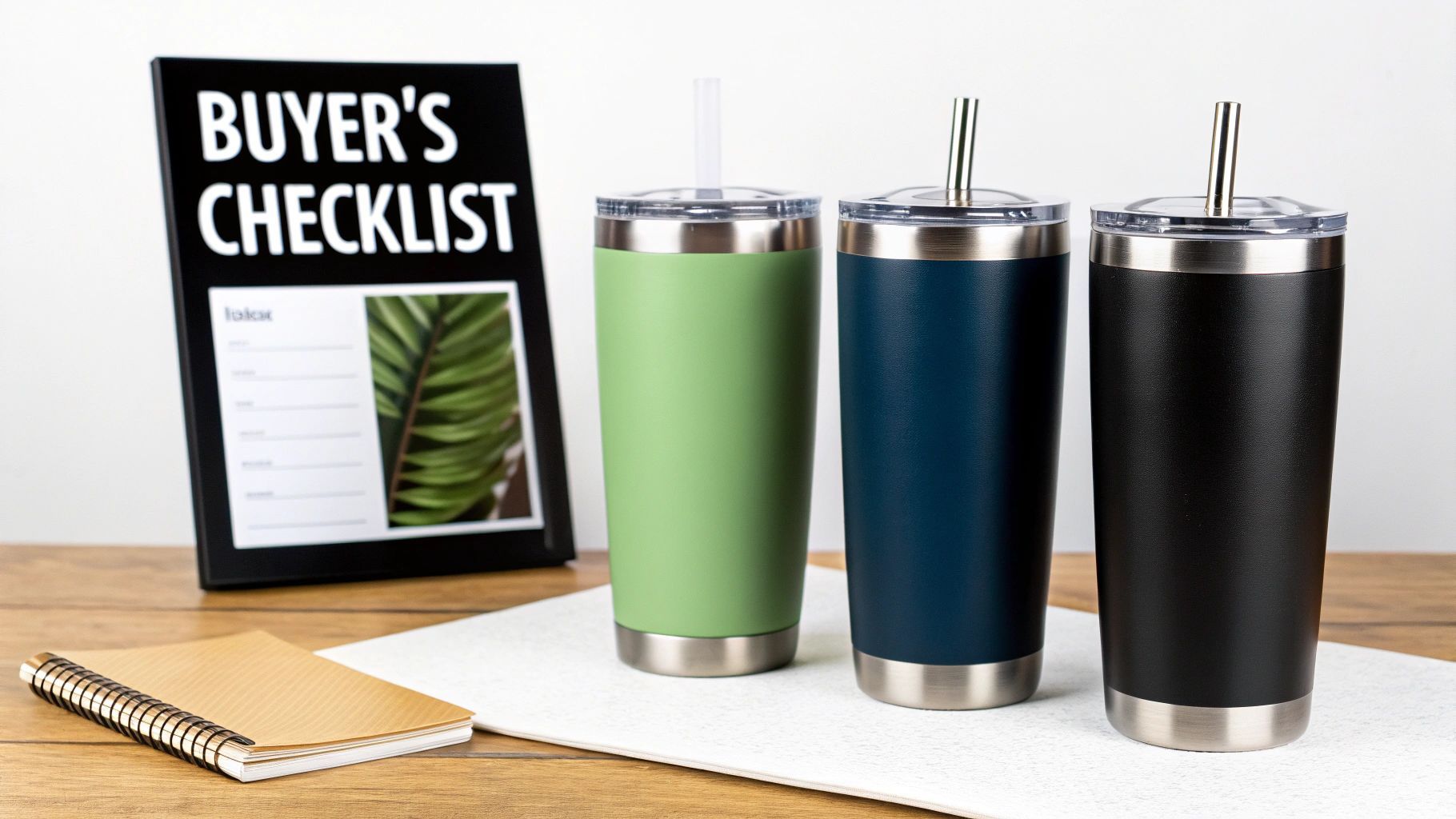Three colorful insulated tumblers with straws, a buyer's checklist, and a notebook on a wooden table.