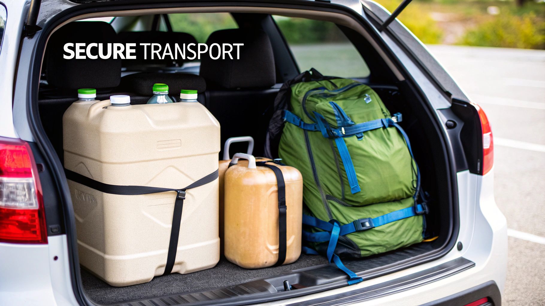 Camping water containers and a green backpack securely packed in a car trunk.