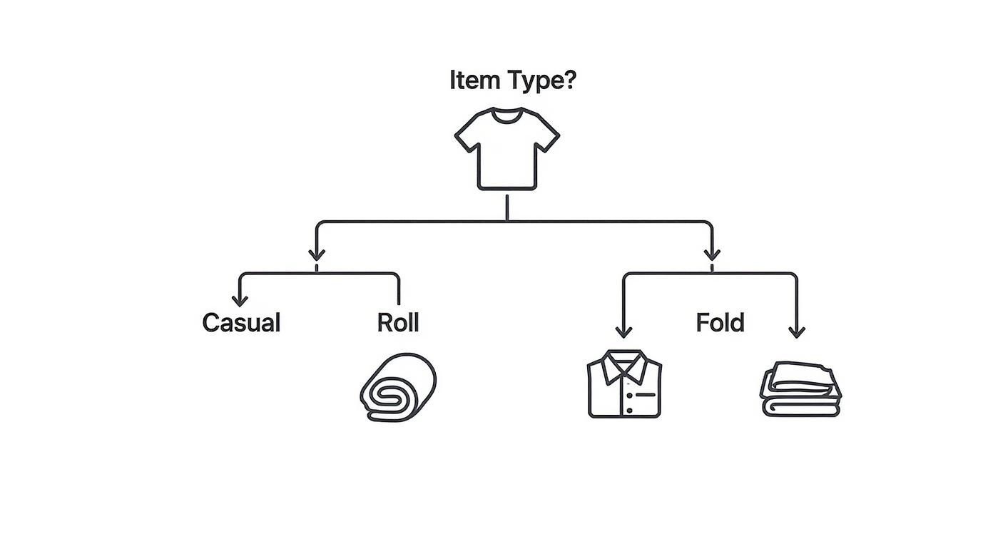 Infographic decision tree showing to roll casual items and fold formal items when packing.