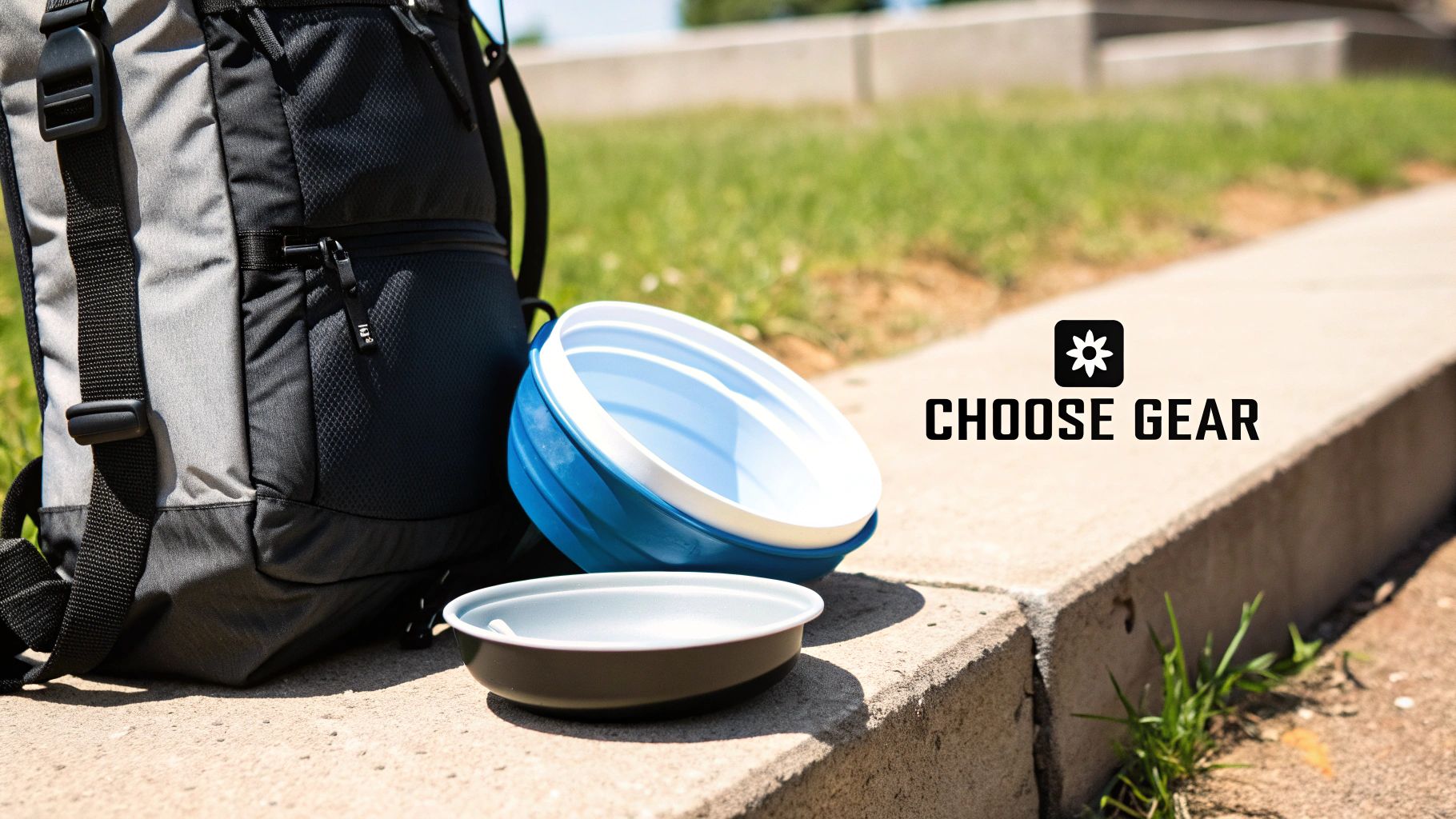 A black and grey backpack sits next to blue and grey collapsible travel bowls on a concrete path.