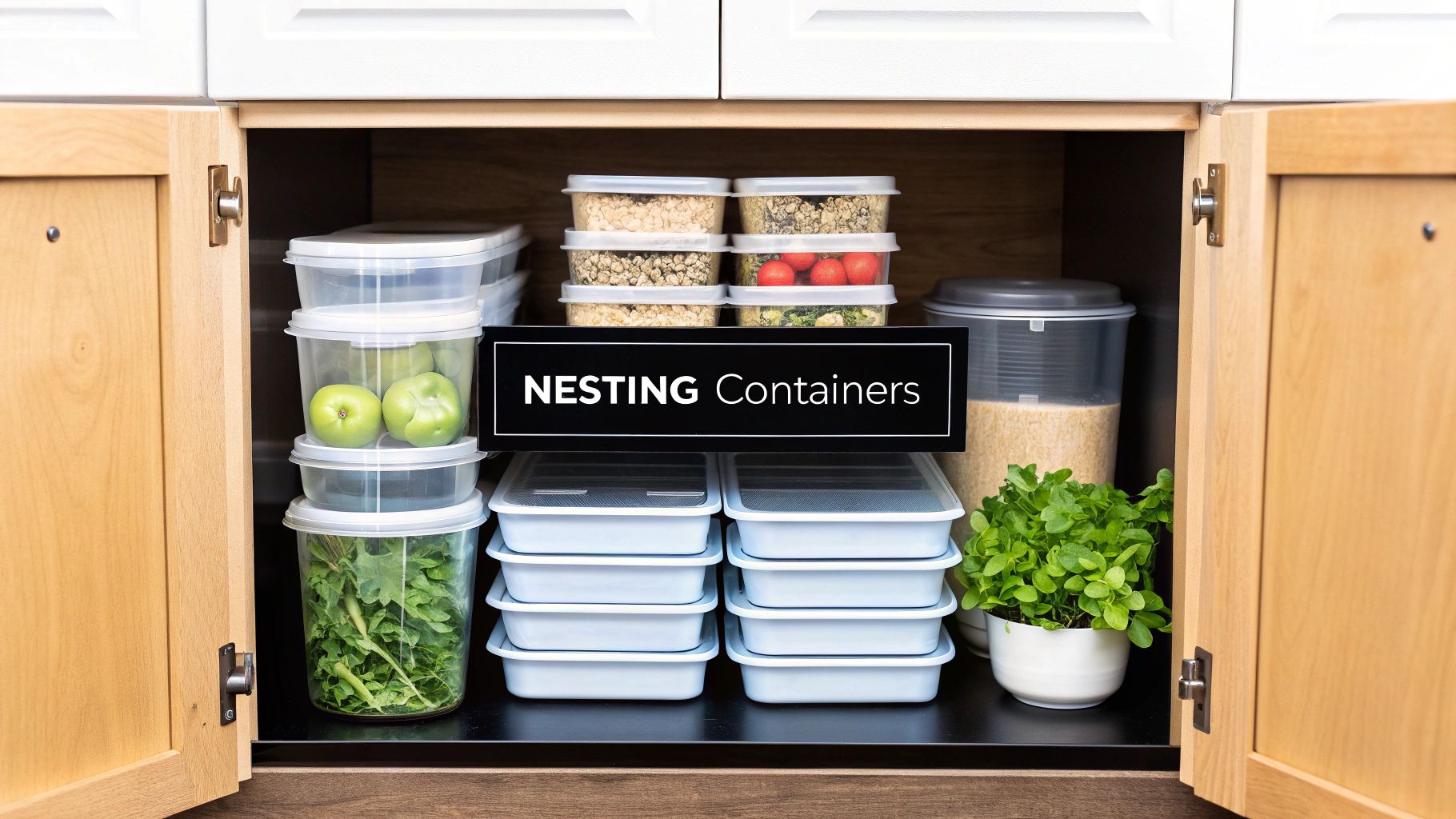 Open kitchen cabinet with neatly organized nesting containers storing food, apples, greens, and grains.