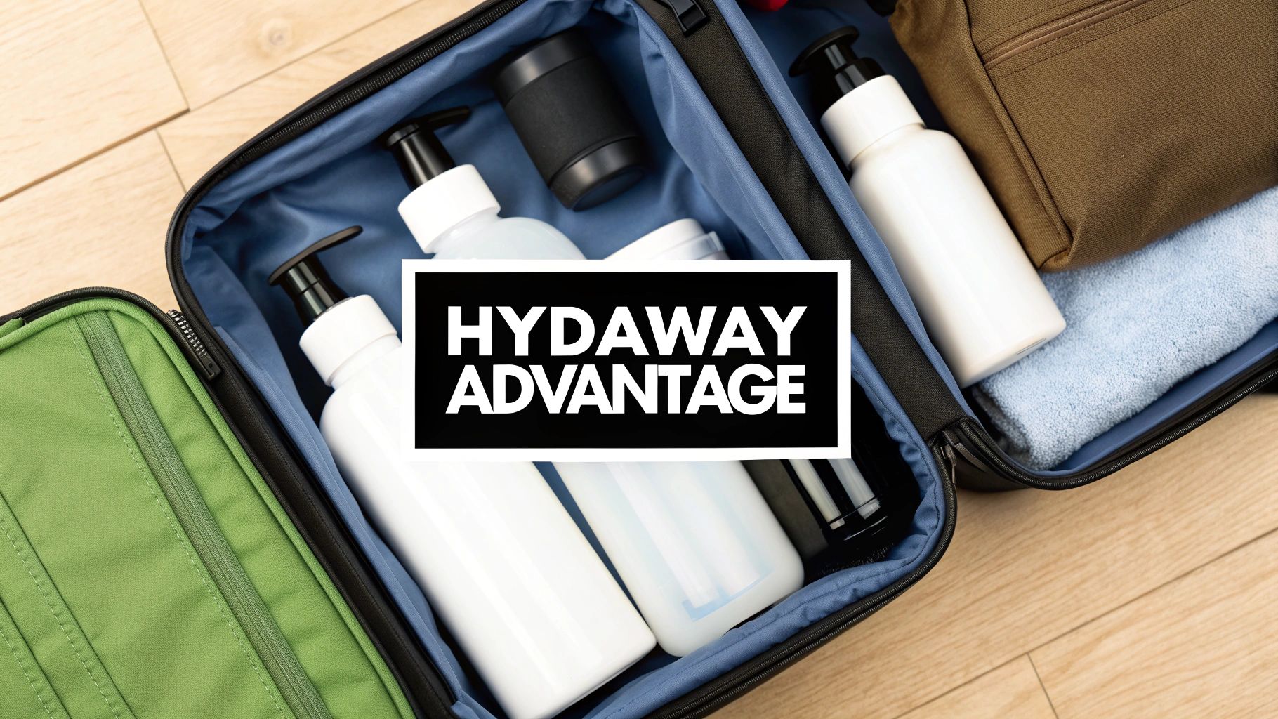 Close-up of an open travel bag packed with white pump bottles, a black container, and a blue towel.