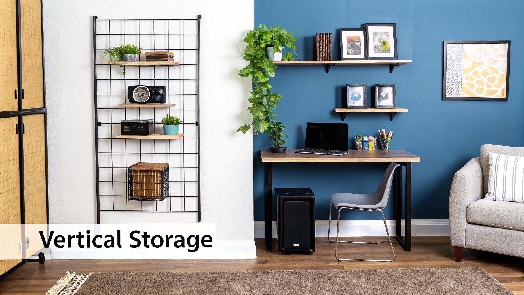 Modern home office with vertical wall grid storage and floating shelves for small space organization