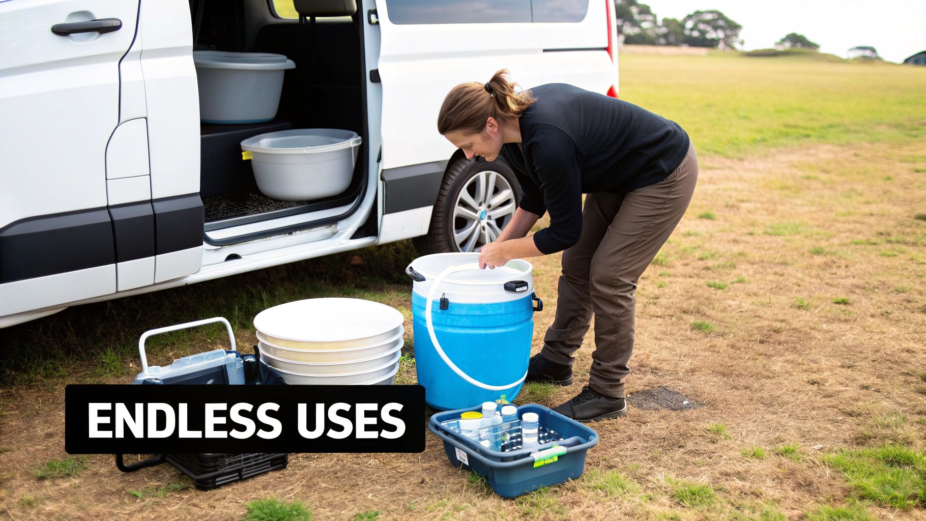 A woman fills a blue collapsible water bucket from a white van in a grassy field.