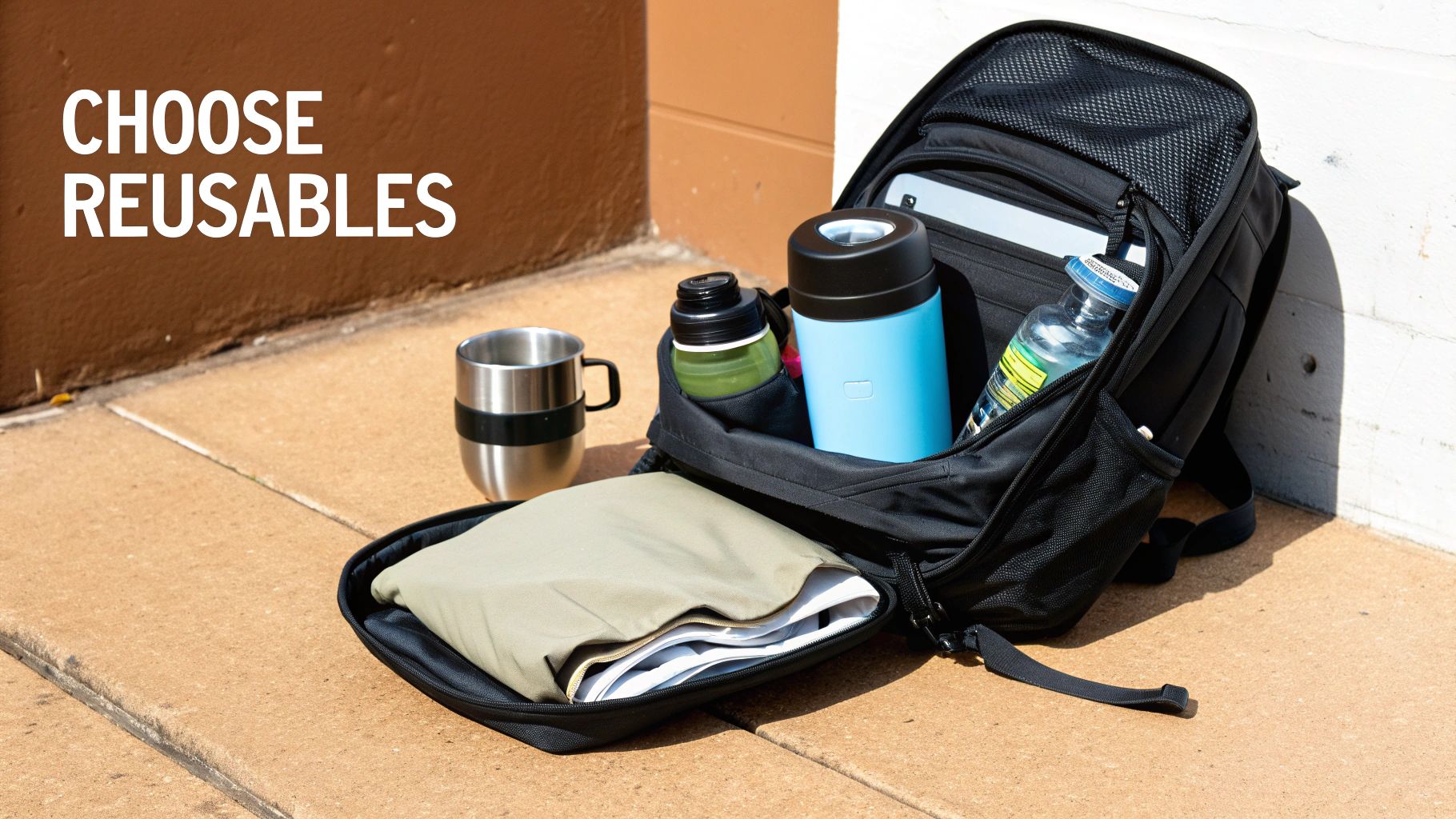 A black backpack and various reusable items with text 'CHOOSE REUSABLES' promoting sustainability.