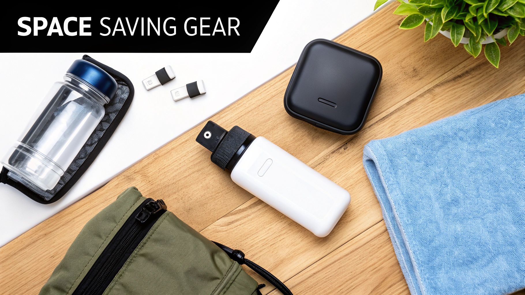 A flat lay of various space-saving travel gear including a water bottle, spray, and towel.