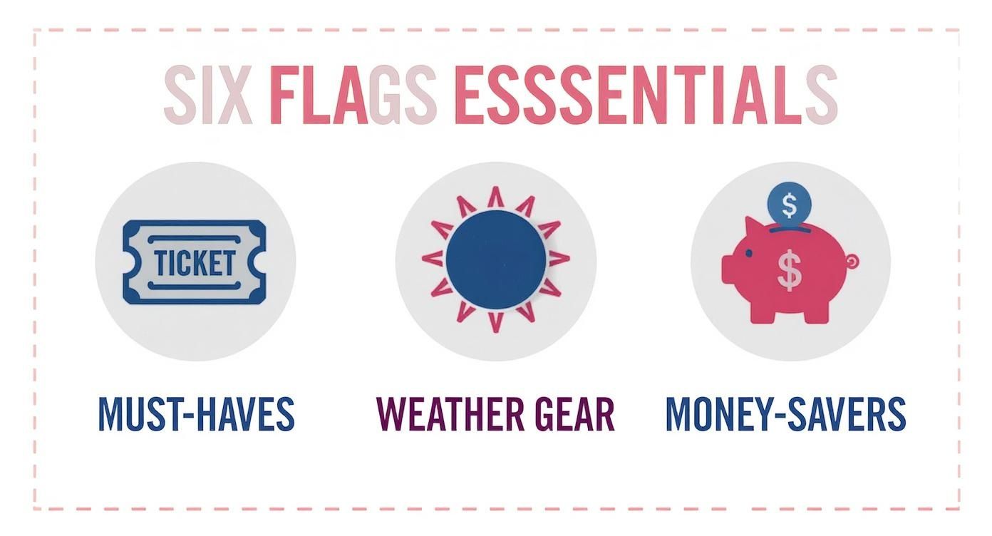 Infographic showing Six Flags essentials, categorized as must-haves, weather gear, and money-savers.
