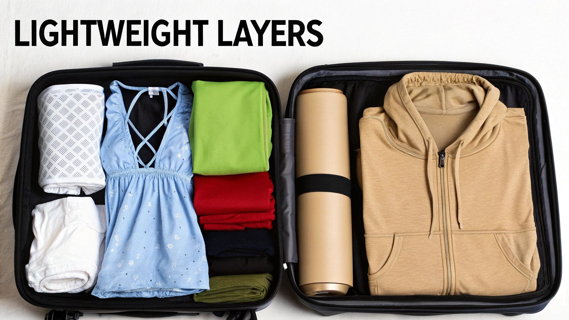 Light sundress and linen shirt ready to pack for beach days