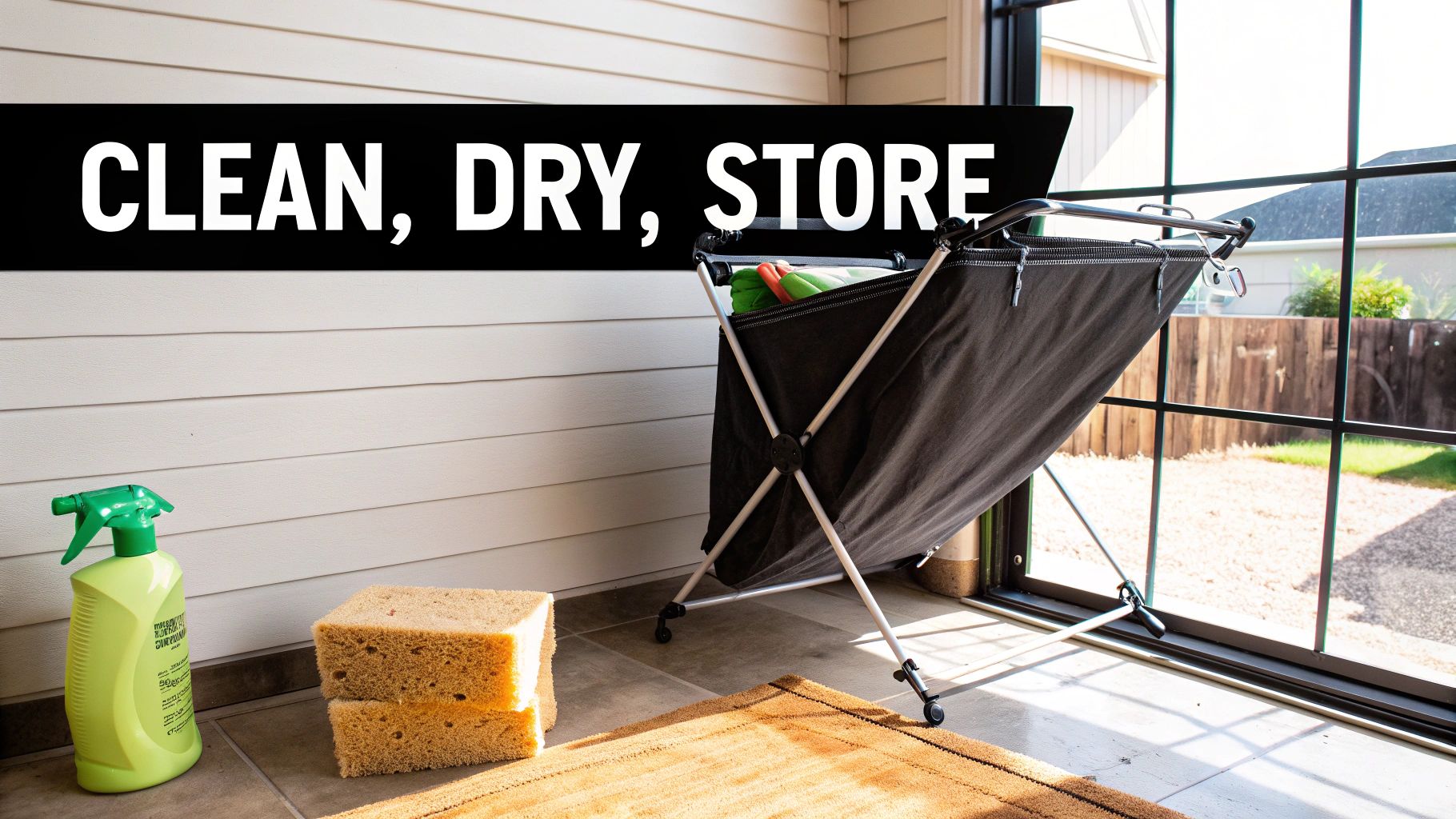 A person cleaning a collapsible water container outdoors