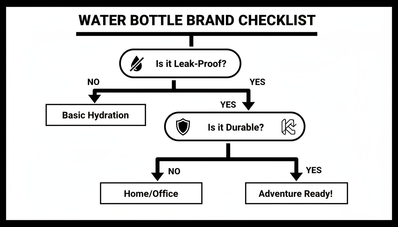 Flowchart for a water bottle brand checklist, evaluating leak-proof and durability for different uses.