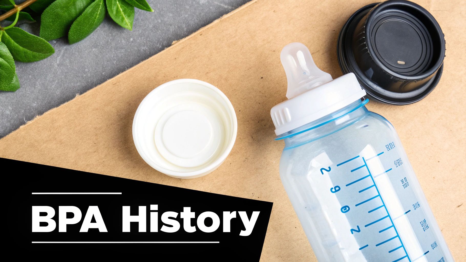 A baby bottle, its cap, and a coffee cup lid on a brown surface next to 'BPA History' text.