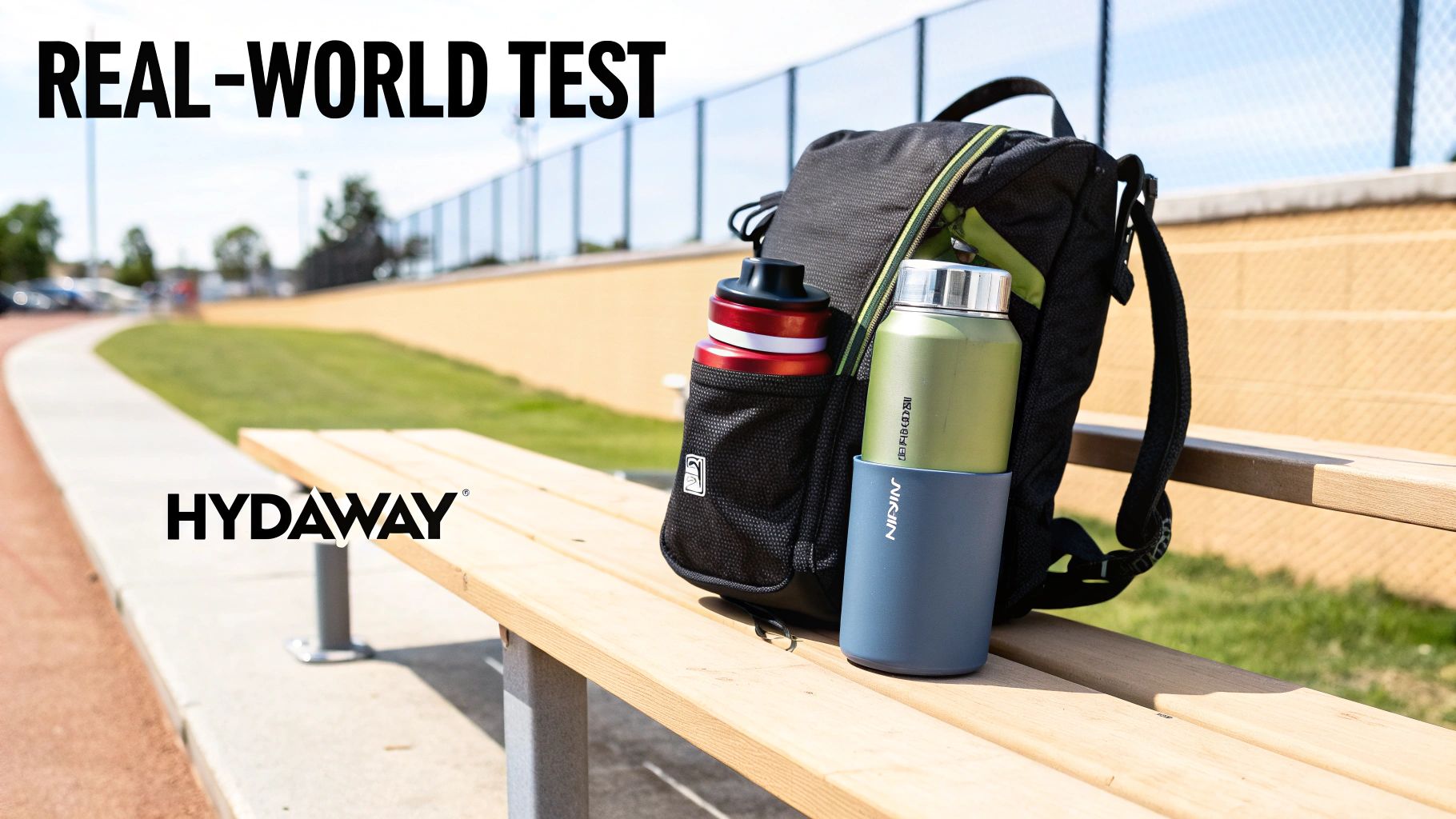 A black backpack with two insulated water bottles sits on a bench at a sports field for a real-world test.